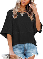 New summer style patchwork solid color round neck five-quarter flared sleeve loose top T-shirt | Lindgren Studio