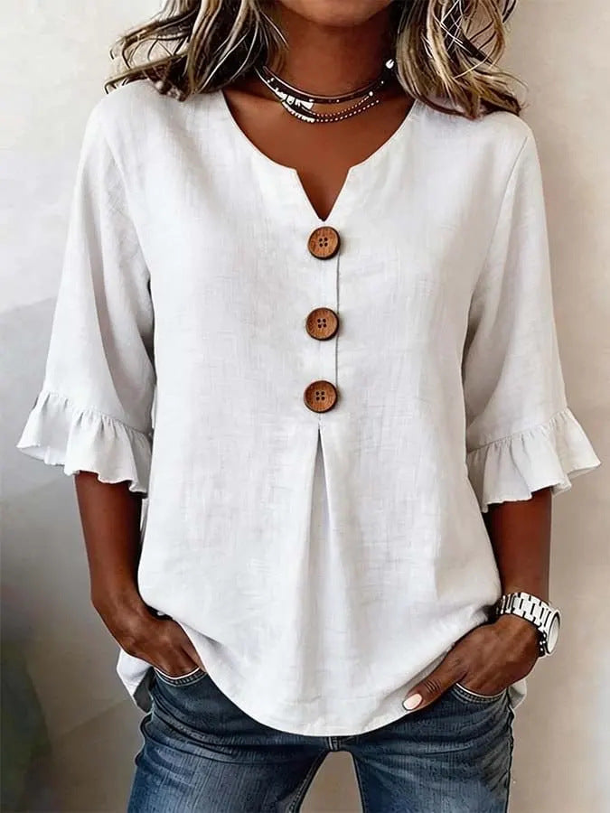 Summer Women's V-neck Cotton Linen Button-up Top | Lindgren Studio