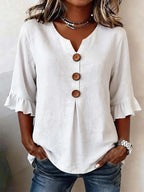 Summer Women's V-neck Cotton Linen Button-up Top | Lindgren Studio