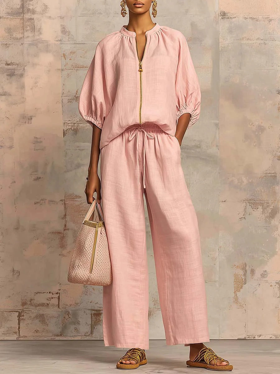 Casual loose-fitting solid color zipper crew neck suit | Lindgren Studio