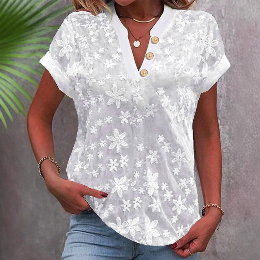 Summer Simple Casual Solid Color V-neck Short Sleeve Shirt | Lindgren Studio