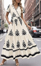 New V-neck Bohemian flowy bell sleeve layered print dress | Lindgren Studio