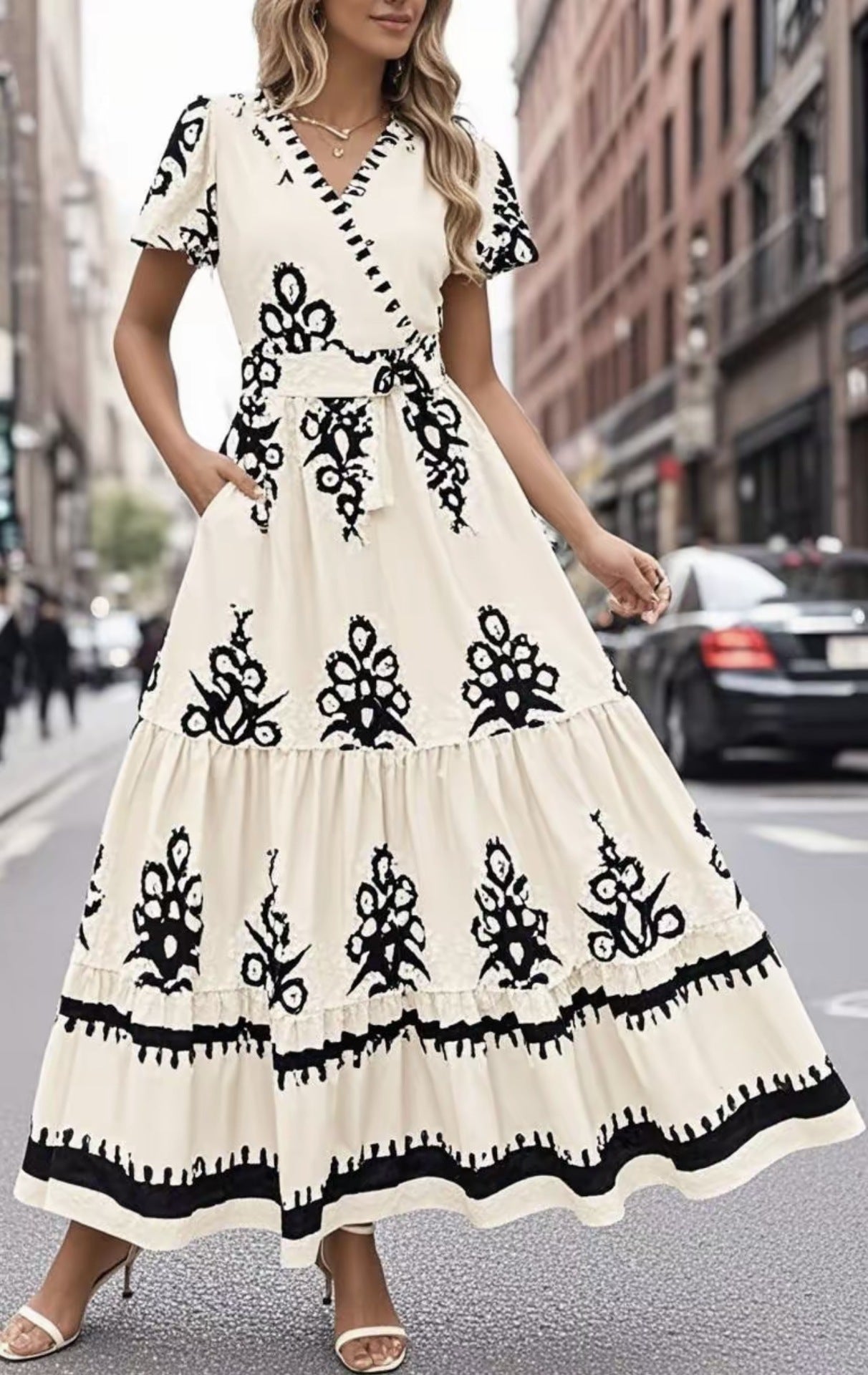 New V-neck Bohemian flowy bell sleeve layered print dress | Lindgren Studio
