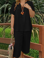Spring/Summer Fashion Solid Color V-neck Short-sleeved Top and Wide-leg Pants Set | Lindgren Studio