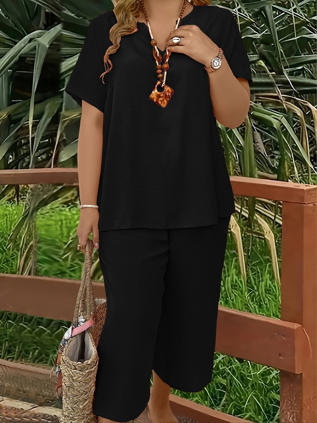 Spring/Summer Fashion Solid Color V-neck Short-sleeved Top and Wide-leg Pants Set | Lindgren Studio