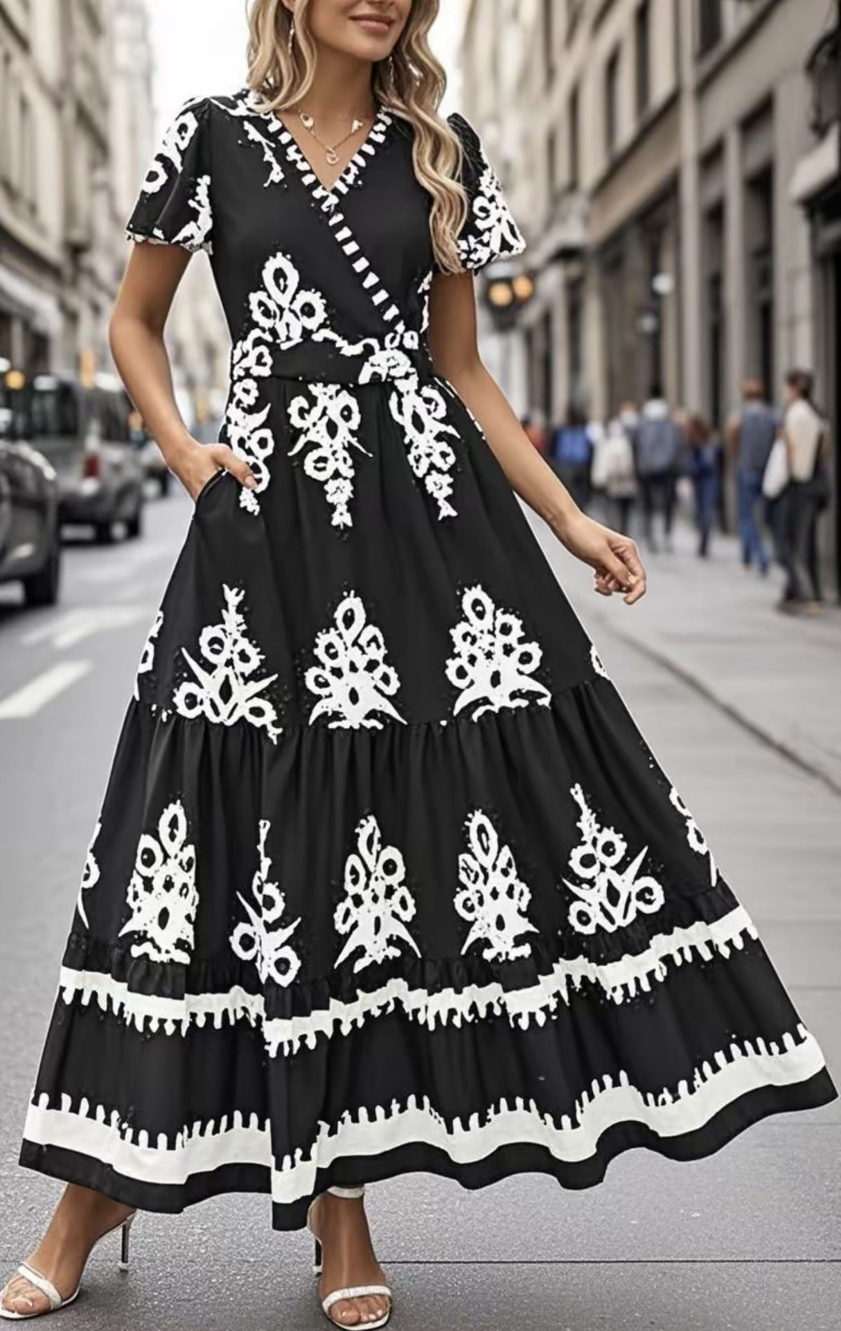 New V-neck Bohemian flowy bell sleeve layered print dress | Lindgren Studio