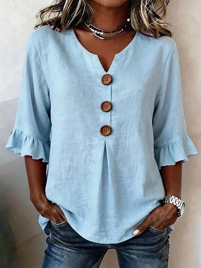 Summer Women's V-neck Cotton Linen Button-up Top | Lindgren Studio