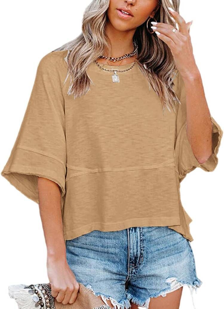 New summer style patchwork solid color round neck five-quarter flared sleeve loose top T-shirt | Lindgren Studio