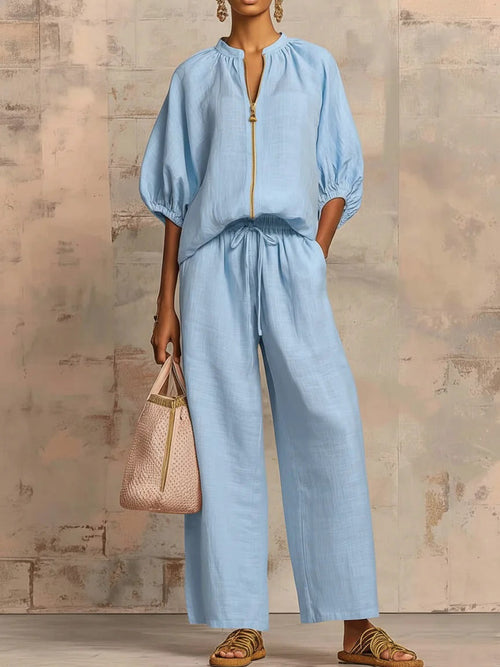 Casual loose-fitting solid color zipper crew neck suit | Lindgren Studio