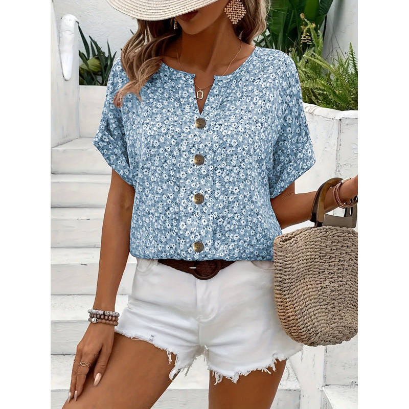 Elegant floral print button short-sleeved T-shirt | Lindgren Studio