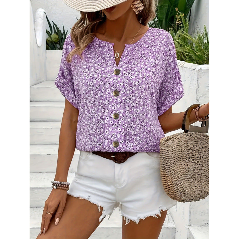 Elegant floral print button short-sleeved T-shirt | Lindgren Studio