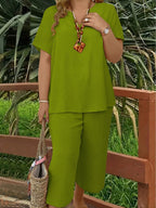 Spring/Summer Fashion Solid Color V-neck Short-sleeved Top and Wide-leg Pants Set | Lindgren Studio