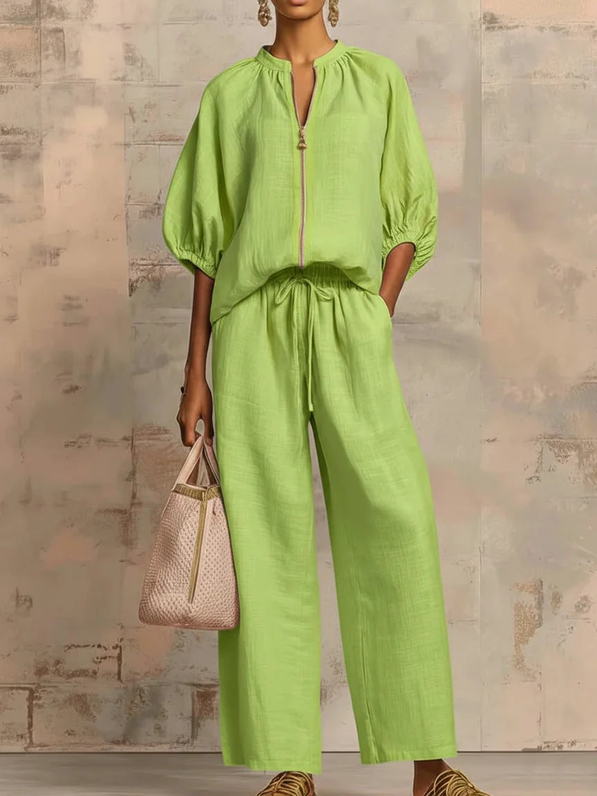 Casual loose-fitting solid color zipper crew neck suit | Lindgren Studio