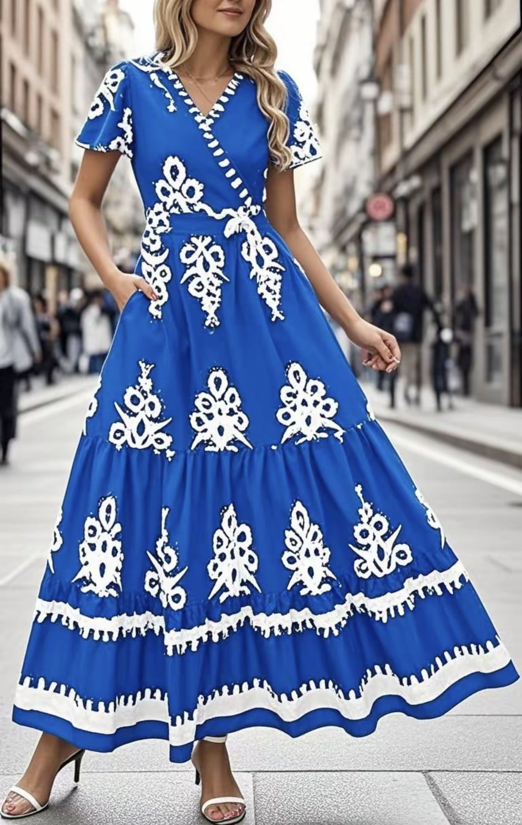 New V-neck Bohemian flowy bell sleeve layered print dress | Lindgren Studio
