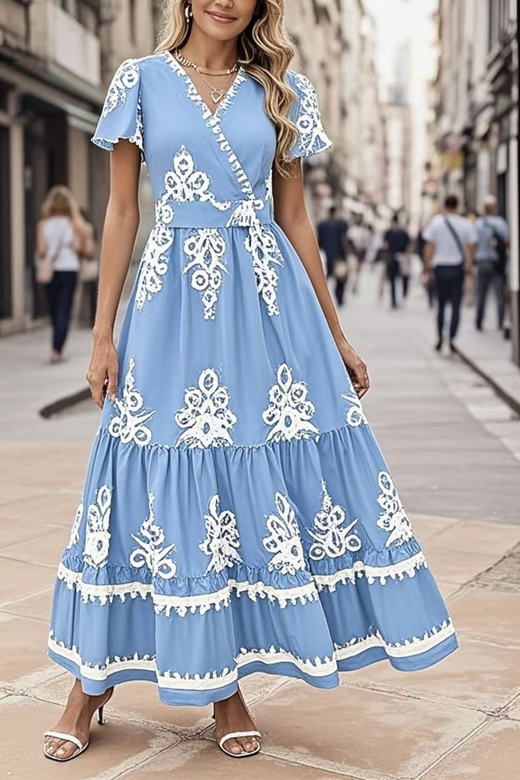 New V-neck Bohemian flowy bell sleeve layered print dress | Lindgren Studio