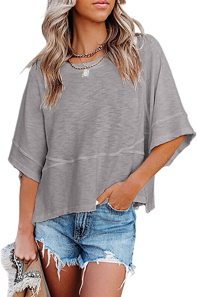 New summer style patchwork solid color round neck five-quarter flared sleeve loose top T-shirt | Lindgren Studio