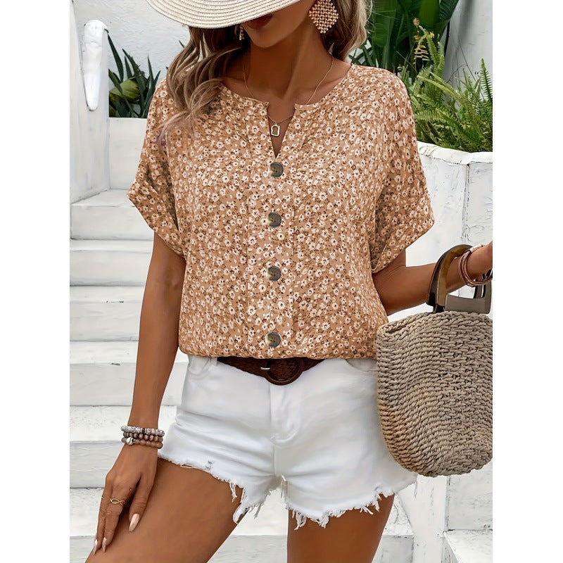 Elegant floral print button short-sleeved T-shirt | Lindgren Studio