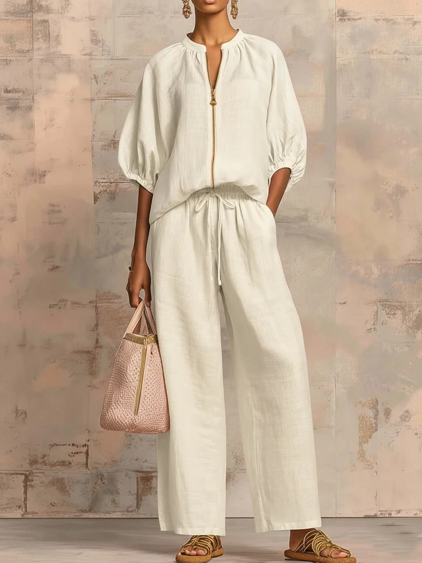 Casual loose-fitting solid color zipper crew neck suit | Lindgren Studio