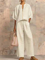 Casual loose-fitting solid color zipper crew neck suit | Lindgren Studio