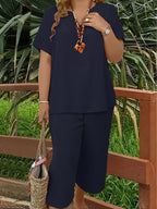 Spring/Summer Fashion Solid Color V-neck Short-sleeved Top and Wide-leg Pants Set | Lindgren Studio
