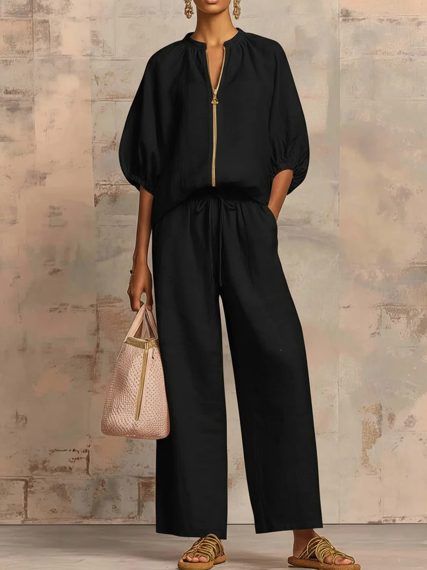 Casual loose-fitting solid color zipper crew neck suit | Lindgren Studio