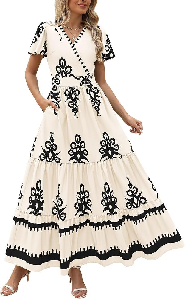 New V-neck Bohemian flowy bell sleeve layered print dress | Lindgren Studio