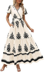 New V-neck Bohemian flowy bell sleeve layered print dress | Lindgren Studio
