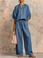 Casual loose-fitting solid color zipper crew neck suit | Lindgren Studio