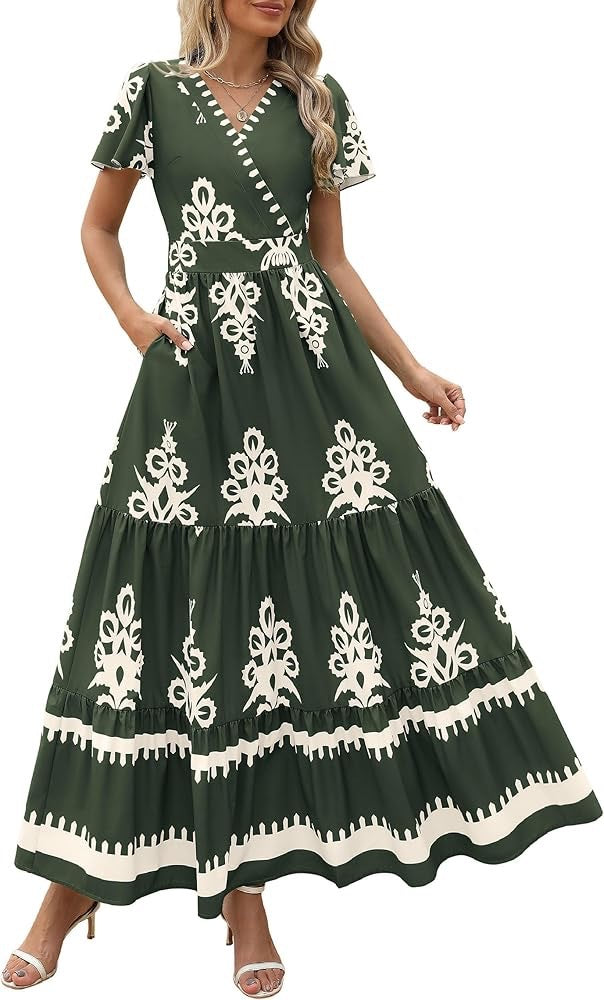 New V-neck Bohemian flowy bell sleeve layered print dress | Lindgren Studio