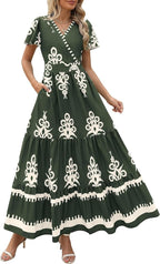 New V-neck Bohemian flowy bell sleeve layered print dress | Lindgren Studio