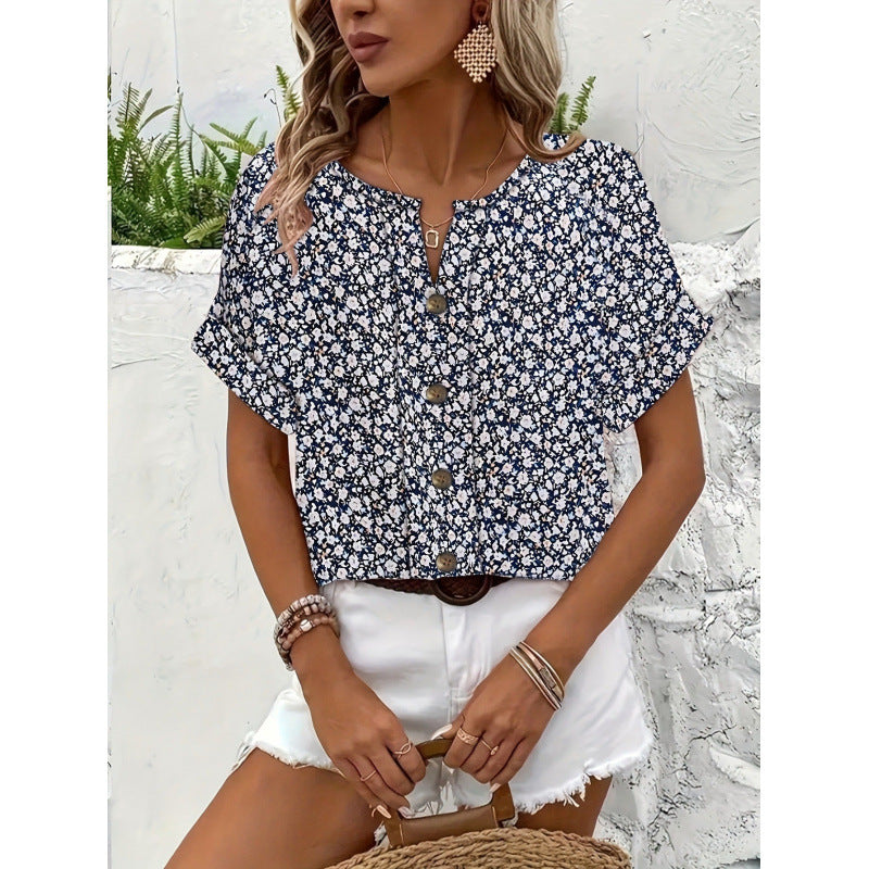 Elegant floral print button short-sleeved T-shirt | Lindgren Studio