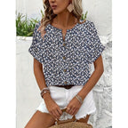 Elegant floral print button short-sleeved T-shirt | Lindgren Studio