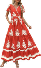 New V-neck Bohemian flowy bell sleeve layered print dress | Lindgren Studio