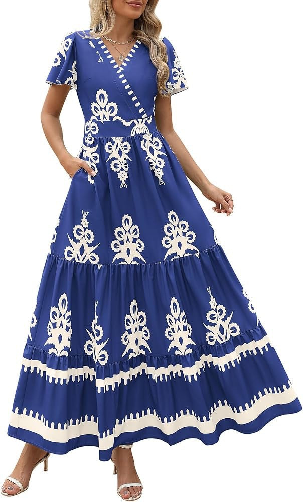New V-neck Bohemian flowy bell sleeve layered print dress | Lindgren Studio