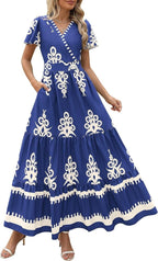 New V-neck Bohemian flowy bell sleeve layered print dress | Lindgren Studio