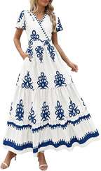 New V-neck Bohemian flowy bell sleeve layered print dress | Lindgren Studio